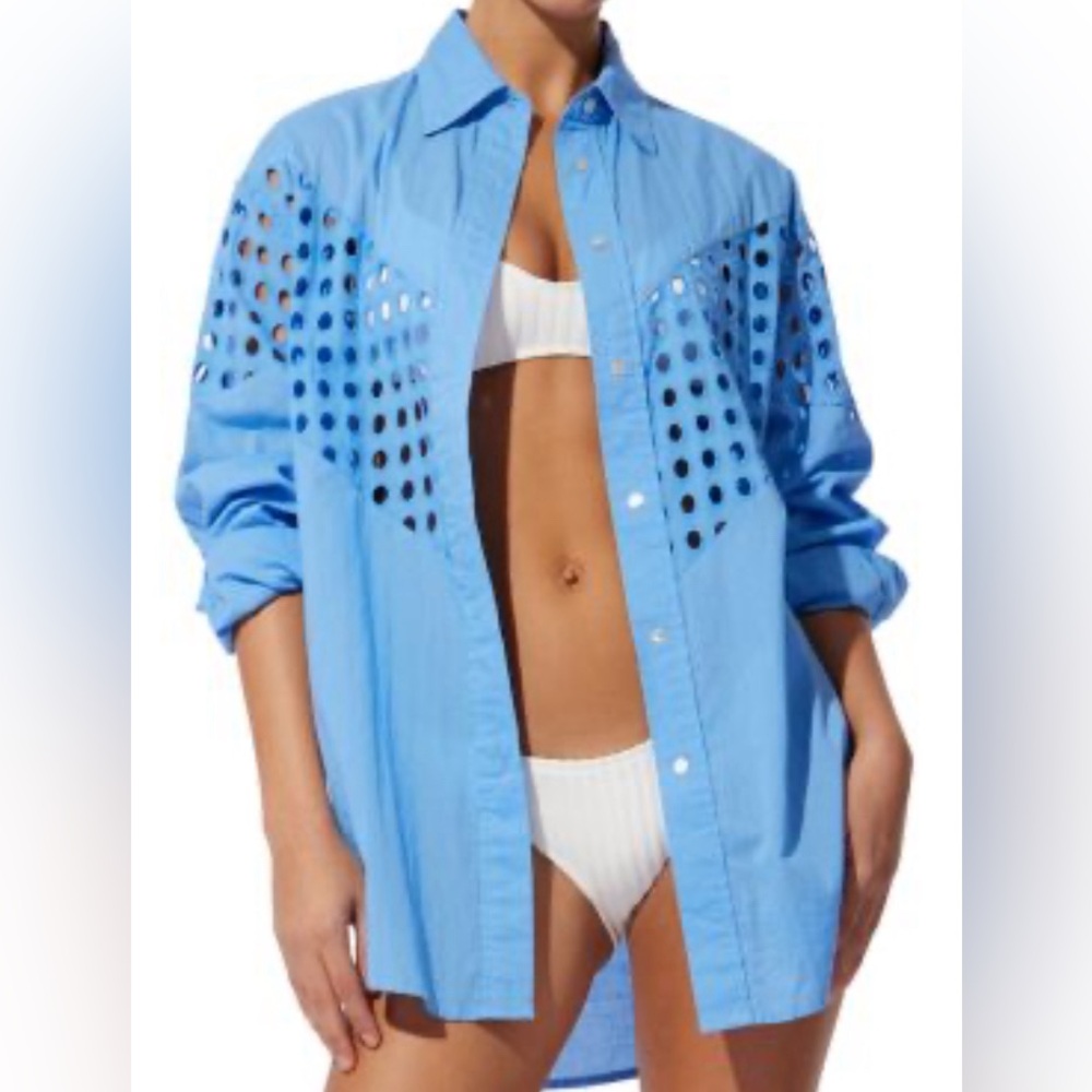 SOLID & STRIPED ARLETTE- EYelet Sky Blue-cover up Shirt/ Size Medium
